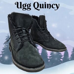 Ugg Quincy Womens Winter Boots Sz 7 Black Suede Wool Lined Snap Down Cuff